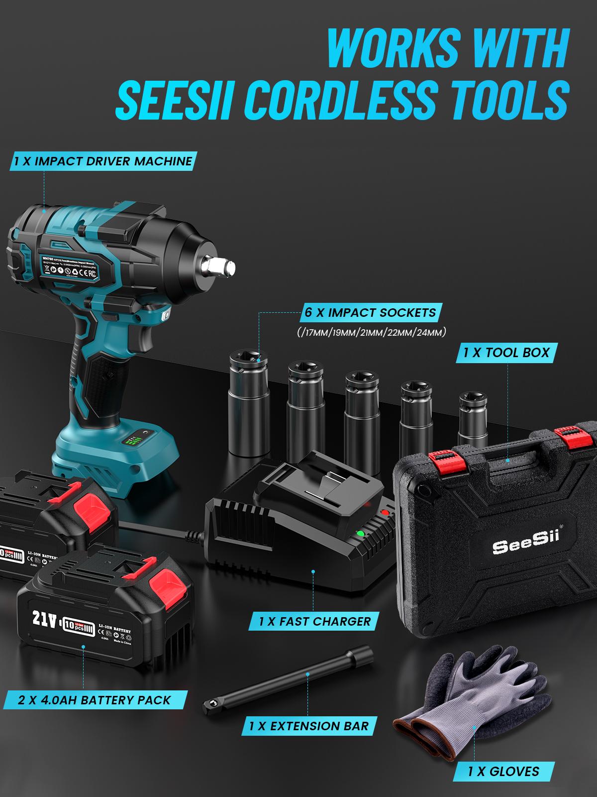 Seesii 1000Nm(738ft-lbs) Cordless Impact Wrench,1/2" High Torque Brushless Impact Wrench w/2x 4.0Ah Battery,Fast Charger, 1 Extension Bar, 5 Sockets & Storage Case, Pistola De Impacto, Electric Impact Wrench for Car Truck,WH760 Black Friday Deals Seesii 1000Nm(738ft-lbs) Cordless Impact Wrench,1/2" High Torque Brushless Impact Wrench w/2x 4.0Ah Battery,Fast Charger, 1 Extension Bar, 5 Sockets & Storage Case, Pistola De Impacto, Electric Impact Wrench for Car Truck,WH760 Black Friday Deals