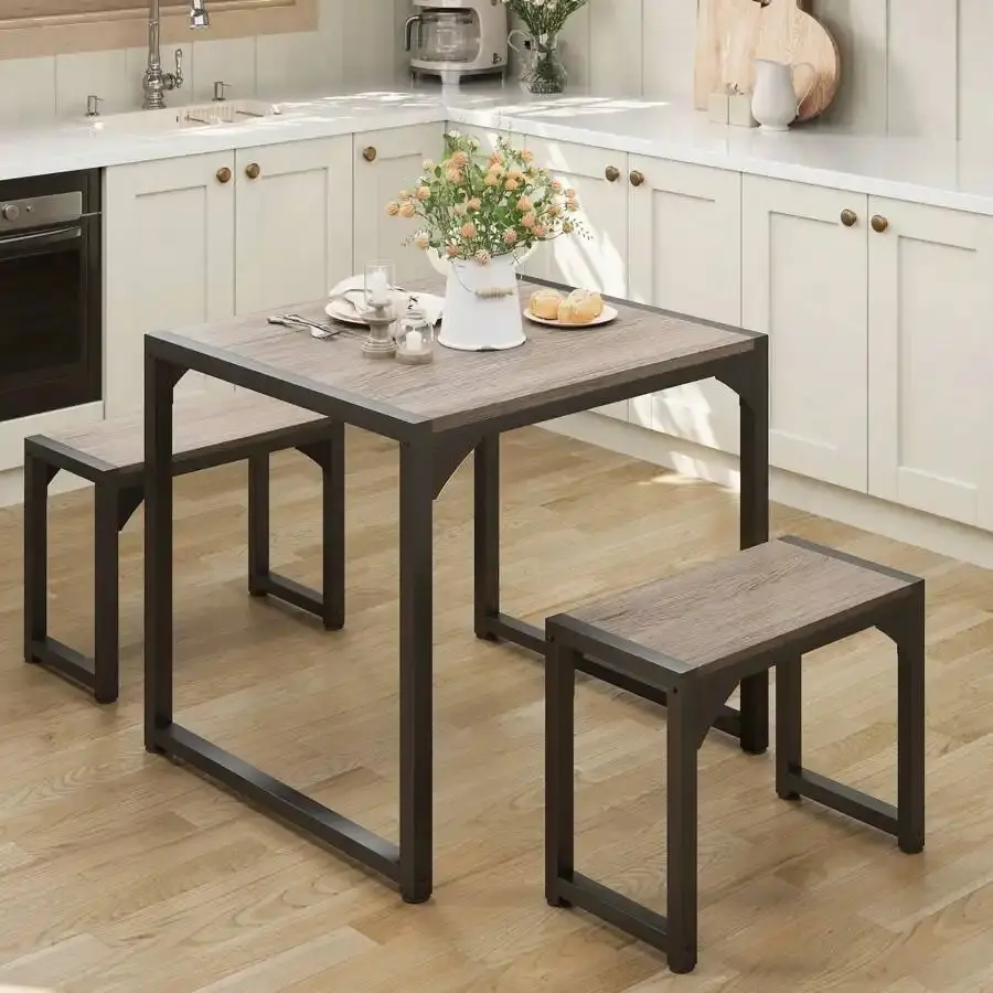 Classic Compact Steel-Wood Dining Table and Chair Set with 2 Benches, Sturdy Wood Furniture for Adults, Space-Saving Indoor Kitchen & Living Room Furniture, Assembly Required