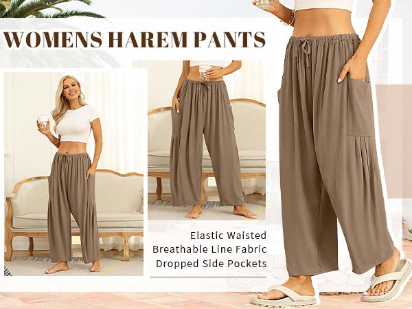 TARSE Womens Linen Blend Wide Leg Pants Casual Loose Fit Beach Palazzo Harem Pants with Pockets Spring Summer Style