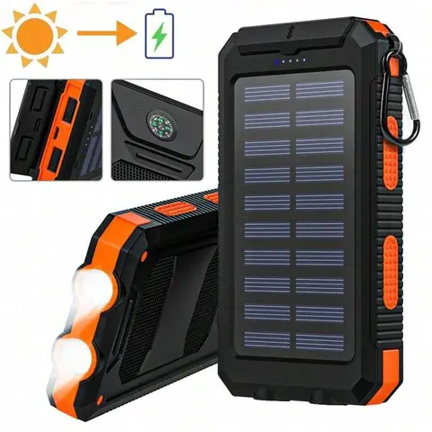 10000mAh Solar Cells Portable Power Bank with USB Solar Charging - 2 Built-in USB Ports, LED Flashlights, Compass - Outdoor External Charger for Mobile Phones, Great Gift for Outdoor Enthusiasts (Camping Use)