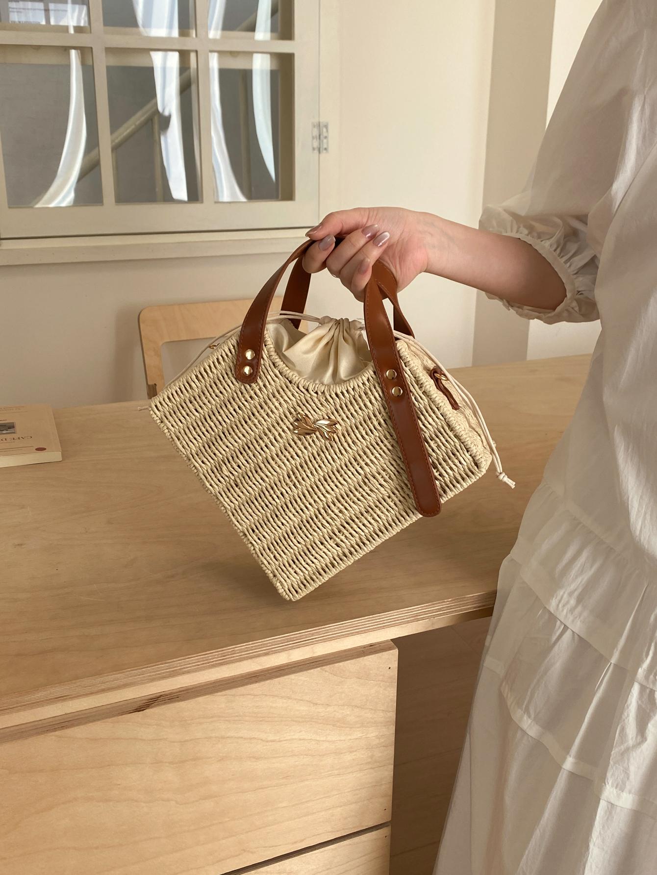 Woven Drawstring Bucket Bag, Vintage Style Handbag, Crossbody Shoulder Bag, Spring Summer Commute Vacation Essential, Women's Fashion Accessory