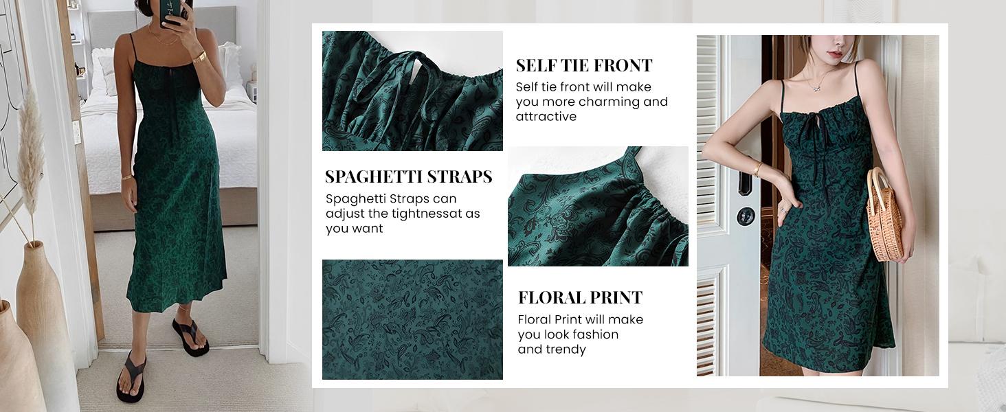 UANEO Women's Floral Dress Low-Cut Square Neck Spaghetti Strap Tie Bodycorn Dresses Casual Wear Slip with Adjustable Straps & Elastic Neckline