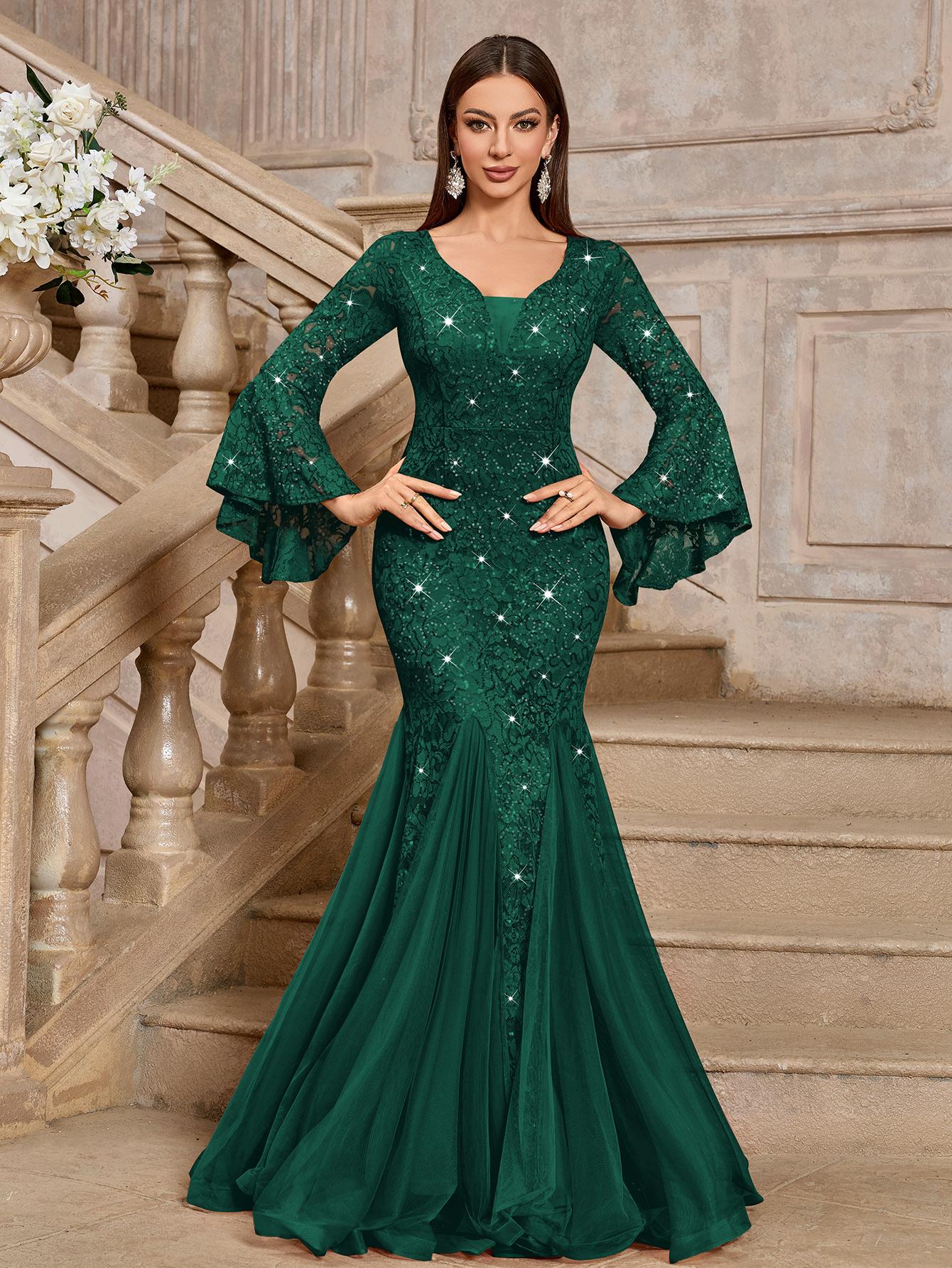 MIUSOL 24351A Women's Deep Vneck Sequin Lace Mesh Tulle Hem Long Sleeve  Formal Evening Maxi Dress for Cocktail Parties & Banquets, Party, Festival Womenswear