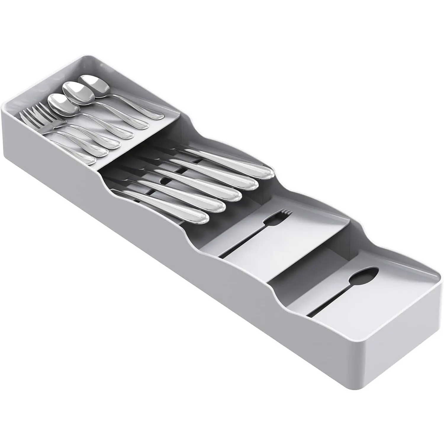 Small Flatware Organizer, Compact Silverware Tray | Plastic Cutlery Holder for Spoons, Forks, , Fits Narrow Slim Kitchen Drawer, 1 Pack, Gray
