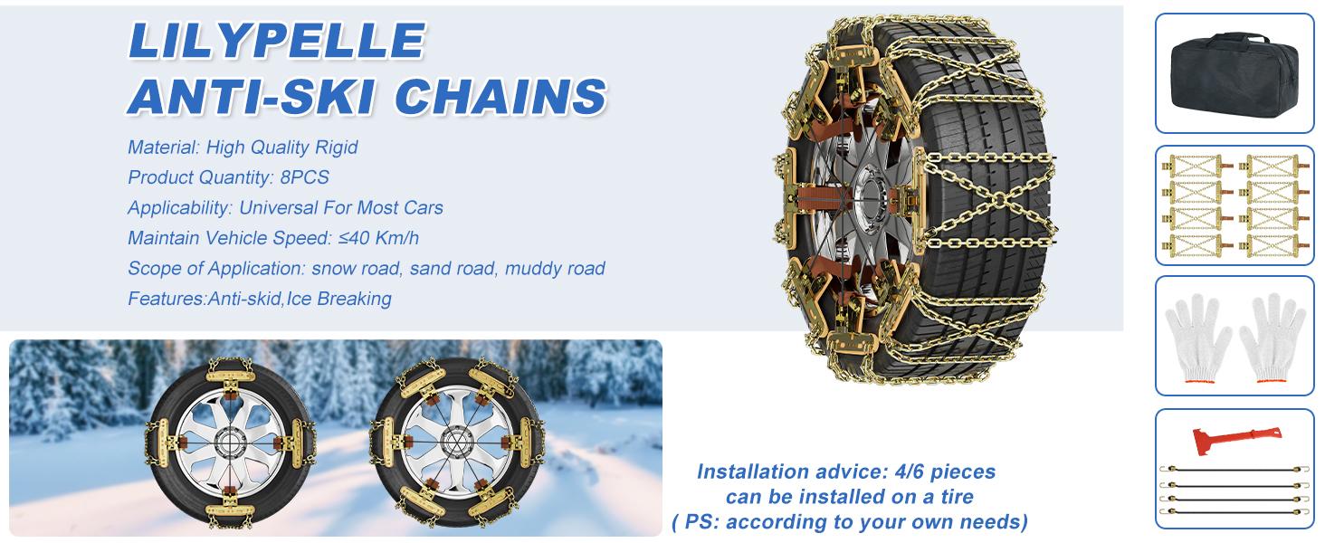 Lilypelle Upgraded Snow Chains 10 Pack,Tire Chains for Cars/SUVs/Pickup Trucks,Security Chains,for Tire Width 215-285 mm,Easy Installation & Durability