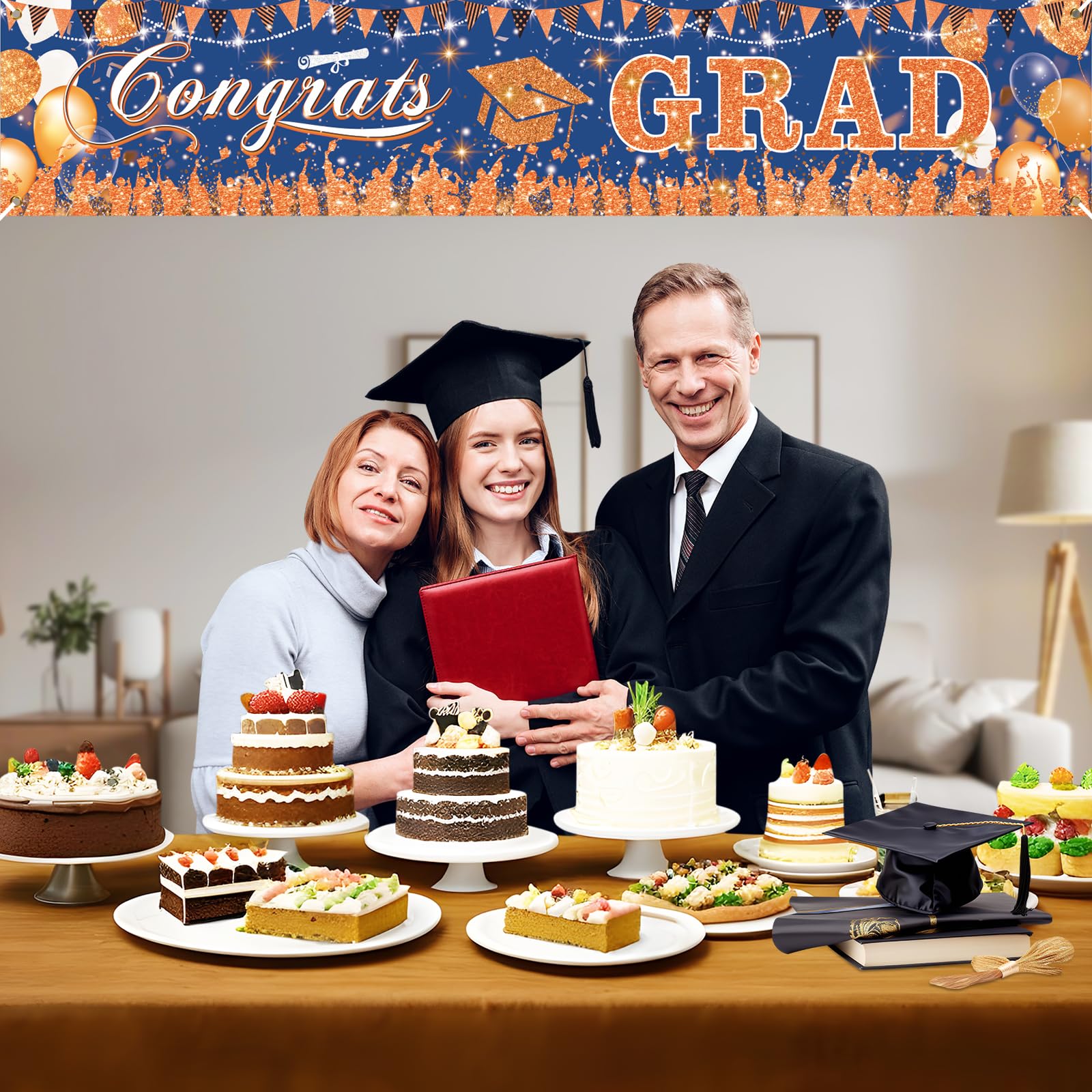 Blue and Orange “Congratulations” 2026 Graduation Banner | Blue and Orange Graduation Decorative Banner | 2026 High School Graduation Party Banner