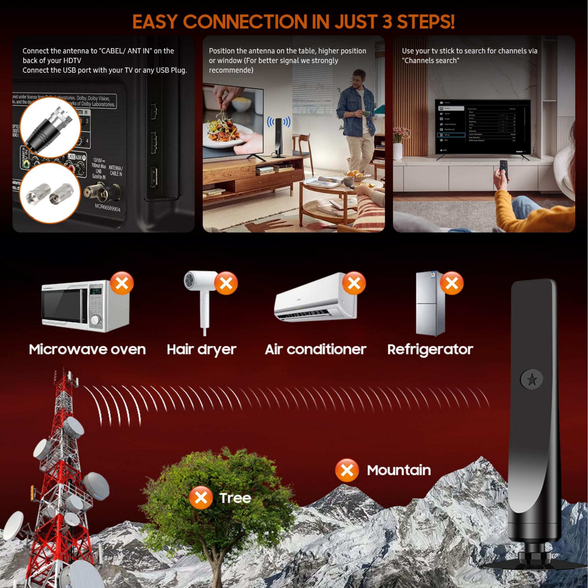 Portable Digital TV Antenna, Indoor/outdoor, Free Channels, Atsc 3.0, Dvb-T2, Uhf/vhf, Plug-And-Play, Home, Apartment, Hotel Use