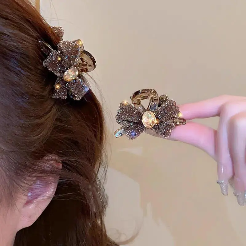 2Pcs Sparkling Diamond Bow Clip Coffee Color Light Luxury Hair Accessory Firm Side Clip Dating Commuting Exquisite Headwear