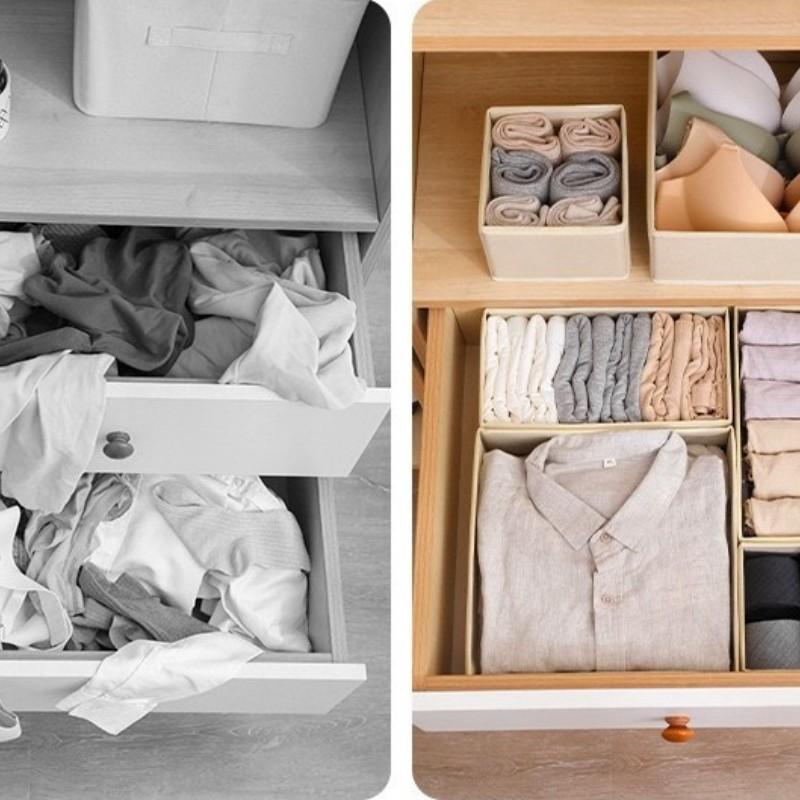 Foldable Fabric Storage Box Set of 6, Space-Saving Room Organizer, Foldable Divider, Neutral Color, for Closet and Dressing Table Drawers