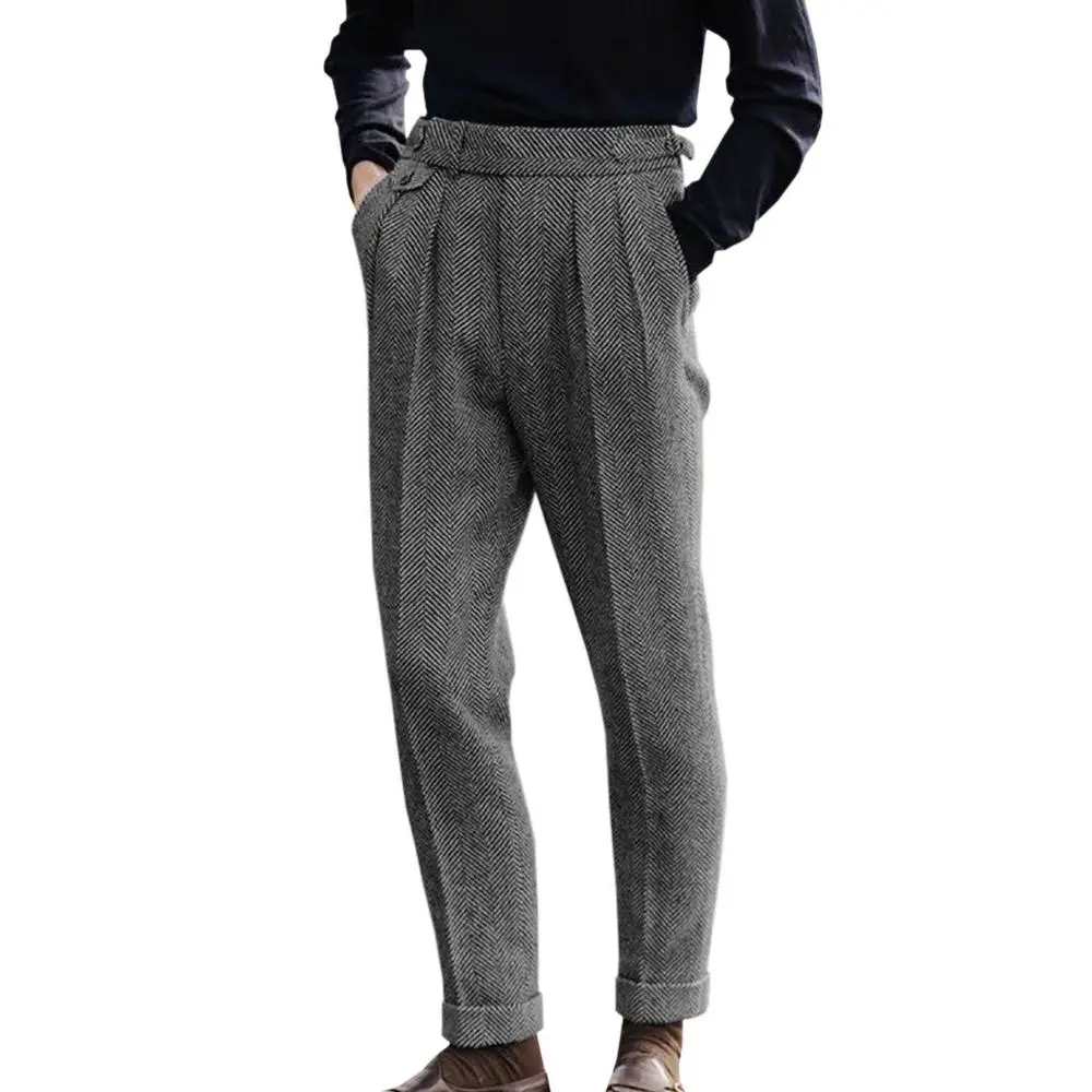 Men's Herringbone Gurkha Tweed Trousers, Side Buckle Pleated Straight-Leg Pants for Wedding, Retro Party Events