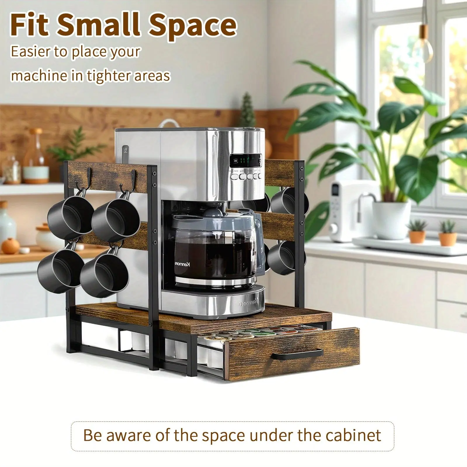 K Cup Holder Drawer - Coffee Pod Organizer for Counter, Sturdy K Cups Storage Drawer with Mug Rack, Coffee Maker Stand, 35 Capacity Pods, Kitchen Countertop, Home & Office Counter Organizer