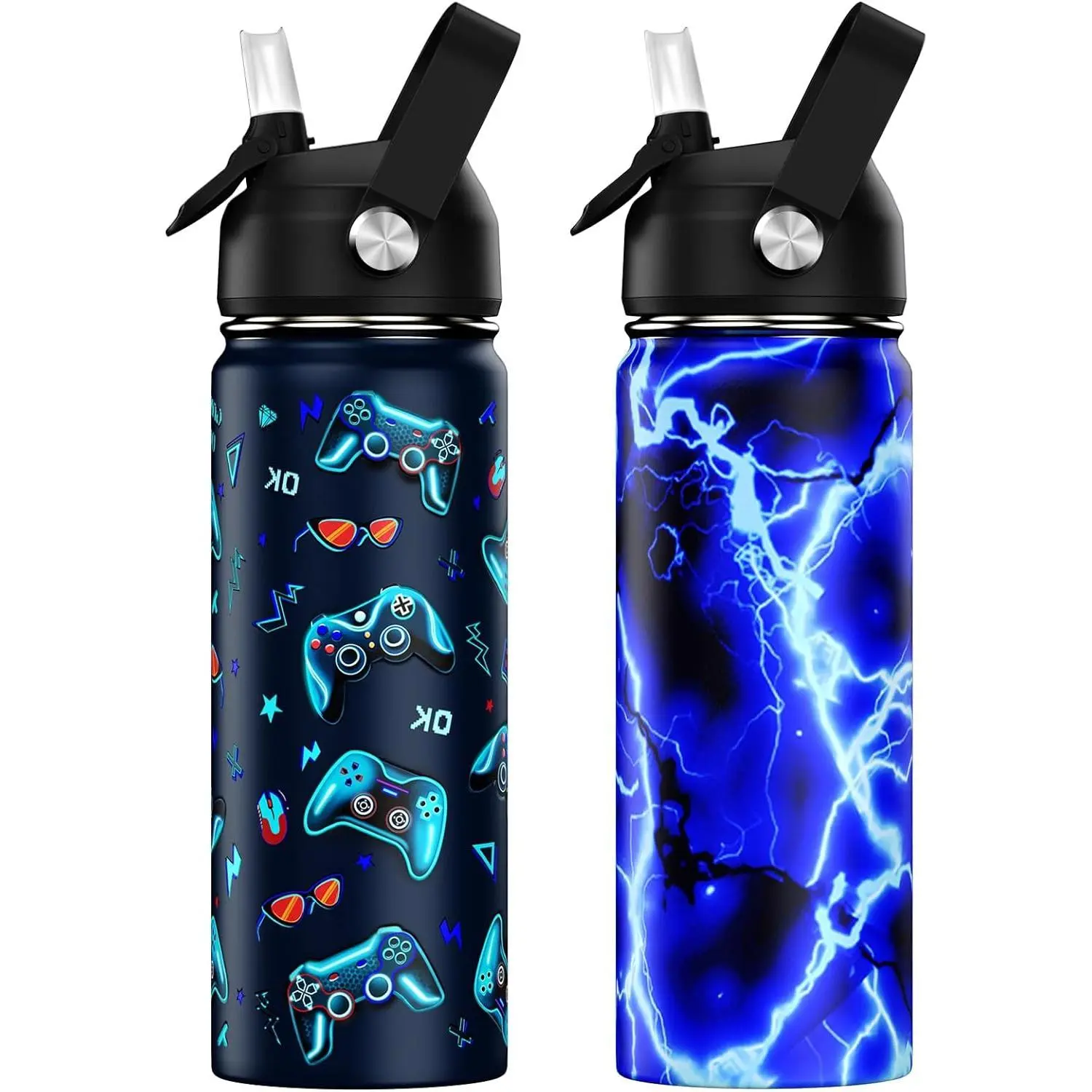 18oz Kid-Friendly Stainless Steel Water Bottle with Straw Leak Proof Lid - 18/8 Material, Double Wall Vac., Portable Travel Tumbler (Lightning+Game)