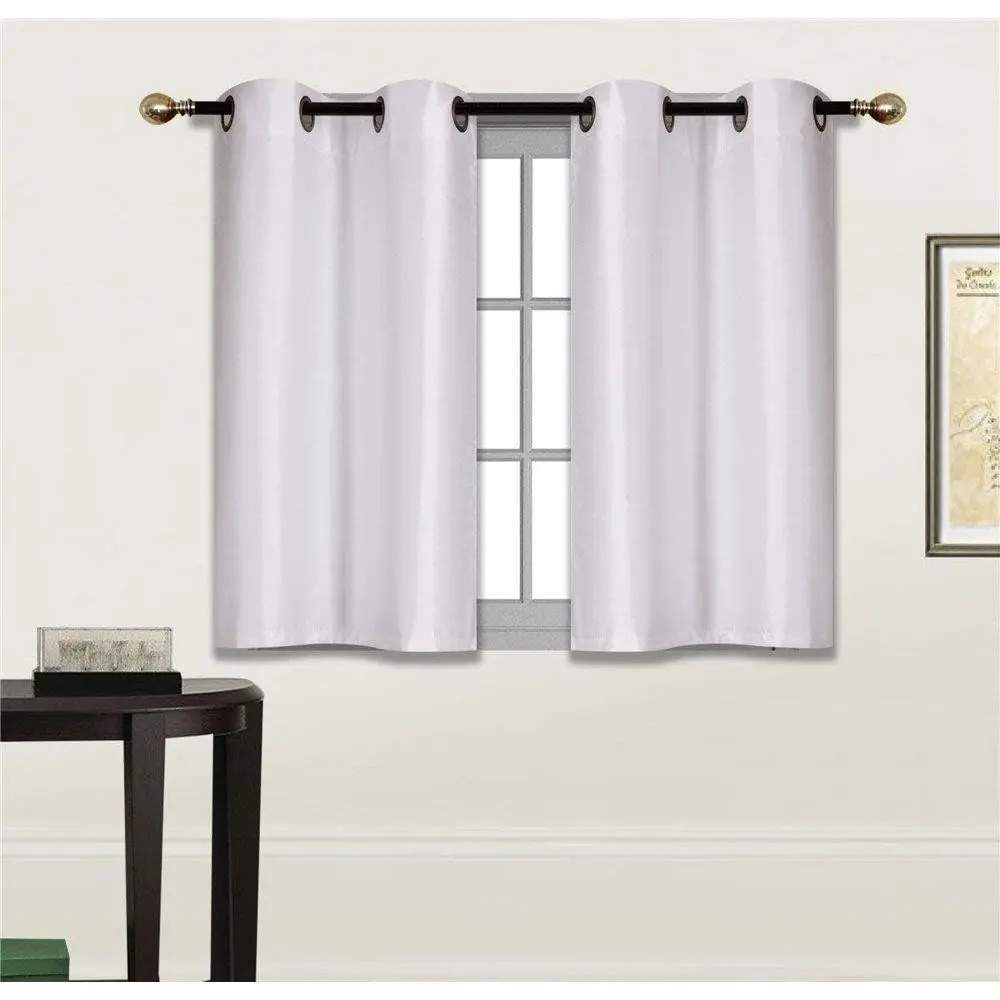2 Panel Faux Silk Blackout Curtain Set Solid White with Grommet Top Room Darkening Short Tier Drapes for Kitchen, Bathroom or Any Small Window
