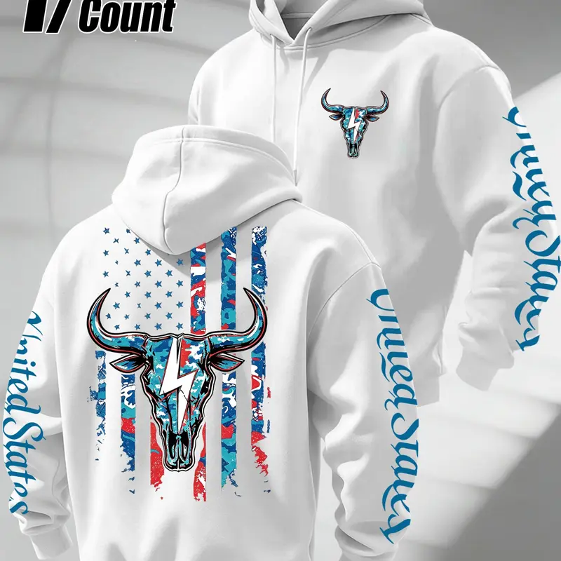 Men Pullover Hoodie Vintage Distressed Flag Bull Skull Lightning Graphic Print Long Sleeve Drawstring Sweatshirt Casual Streetwear Loose Fit Daily Outdoor Vintage Style Streetwear