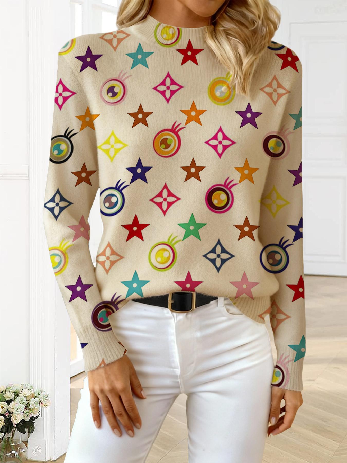 Women's Geometric Pattern Stand Collar Sweater, Fall Winter Casual Long Sleeve Knitwear, Comfortable Warm Daily Wear