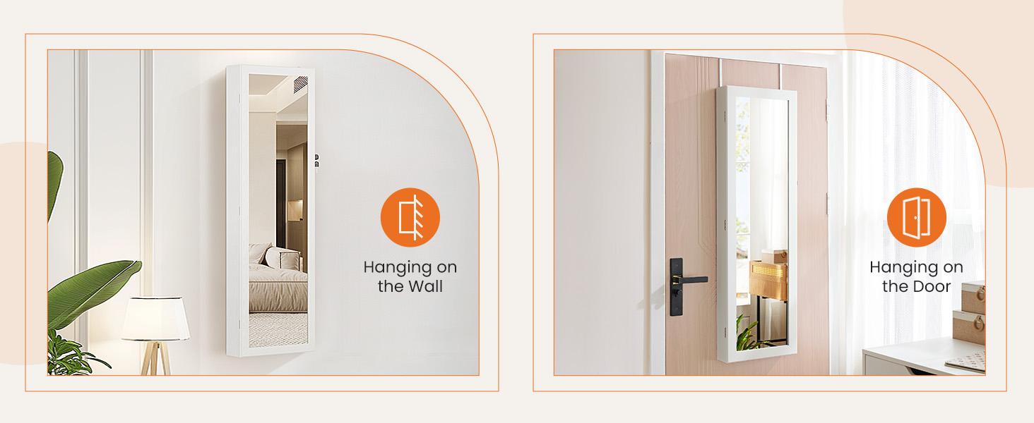 RIMIKING Jewelry Cabinet with Mirror, Dual Installation Options, Ample Storage, Convenience Features, Elegant Design,  Soft Velvet Lining, LED Lights, High Capacity Earring Storage, Dedicated Necklace Hooks, Ring Slots, Cosmetic Organizer