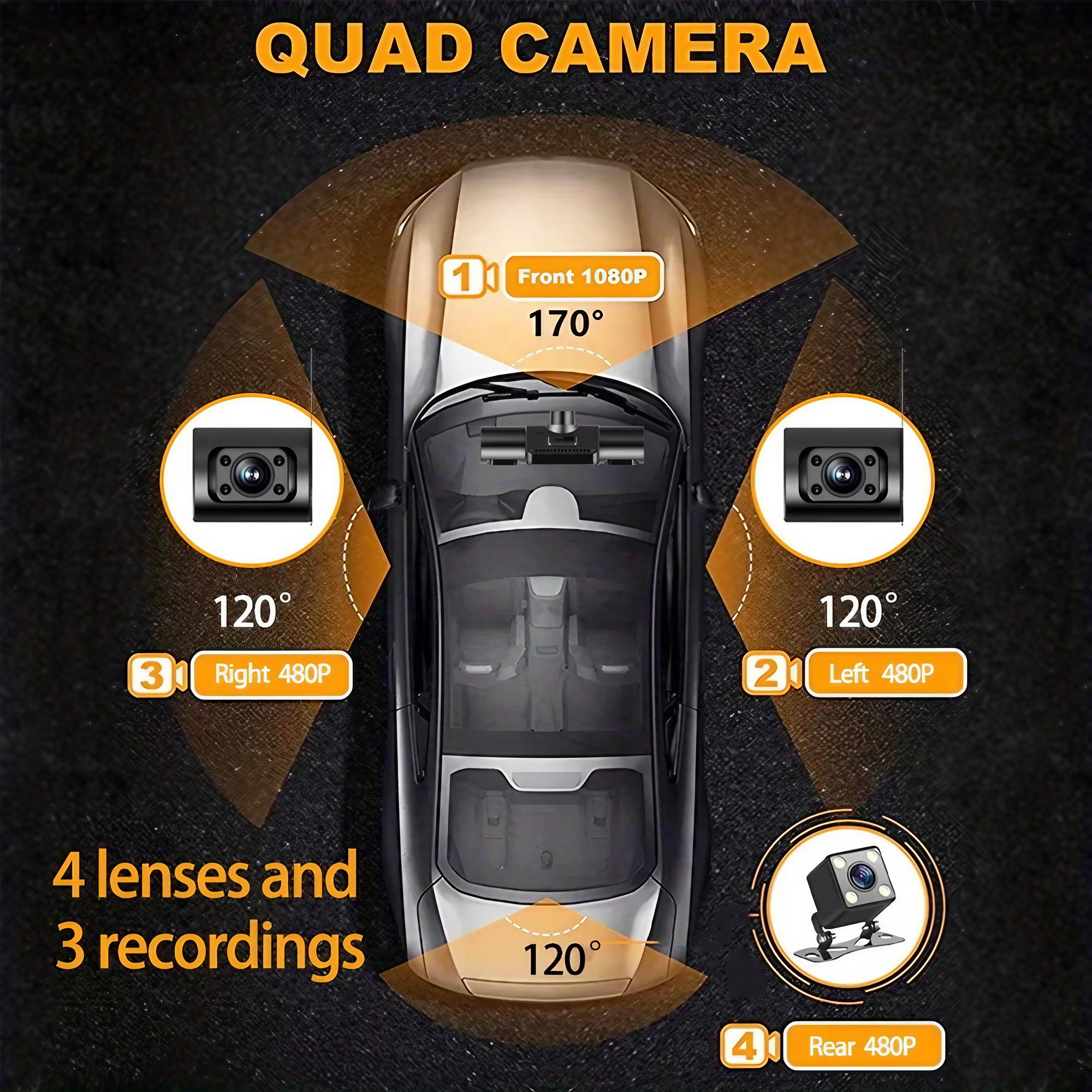 4K Dash Cam Front and Rear, Car Dash Camera, 4-Channel 1080P Night Vision, 32GB Memory, 360° Parking Mode, Waterproof Driving Recorder with G-Sensor, Loop Recording