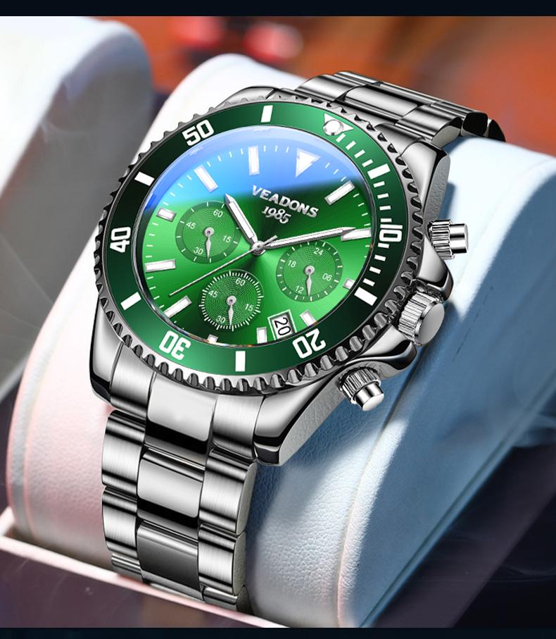 【TikTokShopStockUp】Veadons Men's Luxury Dress Watch, Green Dial, 40mm Stainless Steel Strap, Rotating Quartz Analog, Waterproof Luminous Large Dial Boss Wristwatch summer business