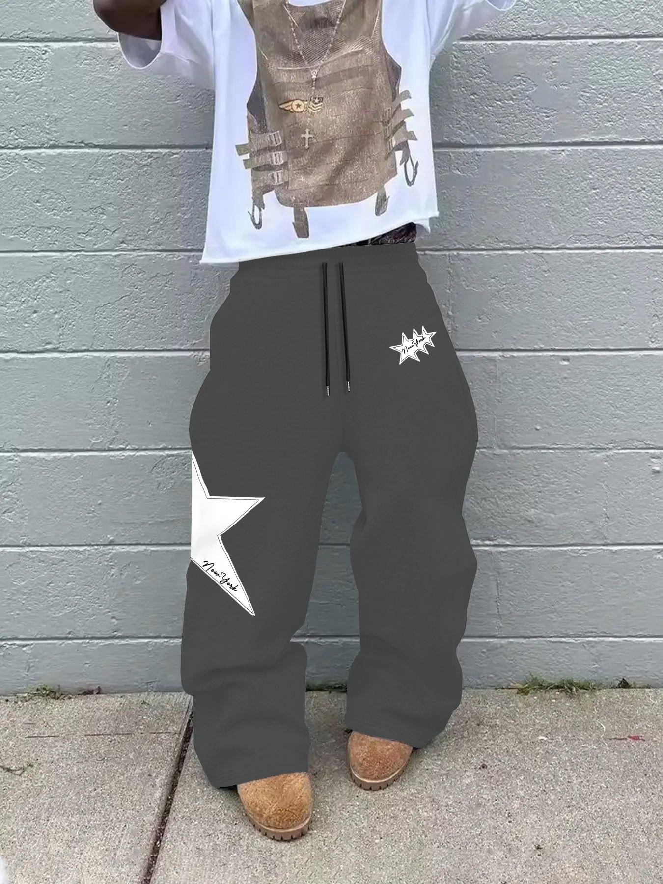 Men's Fashion Casual Straight Leg Pants, Star Print Drawstring Waist Sweatpants, Casual Streetwear Trousers, Summer Fitted Street Style, Perfect for Daily Wear