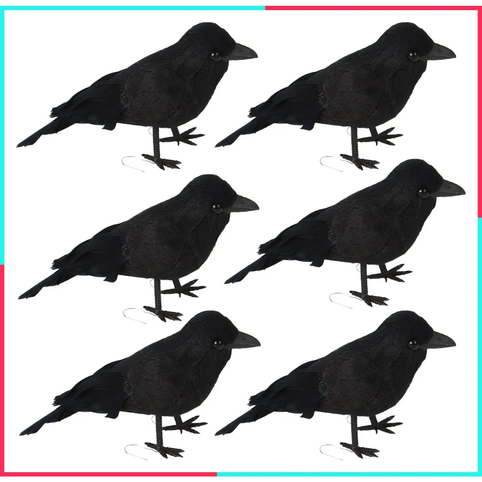 Realistic Feathered Black Crow Raven Halloween Props for Indoor Outdoor Party Decoration, Pack of 6