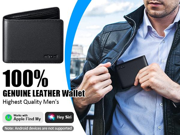 Mens Wallet with Tracker for IPhone Find My, 100% Genuine Leather RFID Blocking Slim Bifold Front Pocket Minimalist Wallet for Men Credit Card Holder Smart Wallet for phone16/15/14/13/12 promax  Spring