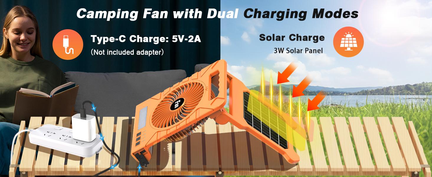 Solar Camping fan portable with LED light , Rechargeable, 4-Speed, Timer, Cordless, Hanging Hook for Outdoor, Travel, Hiking, Beach, Tent, Home Use