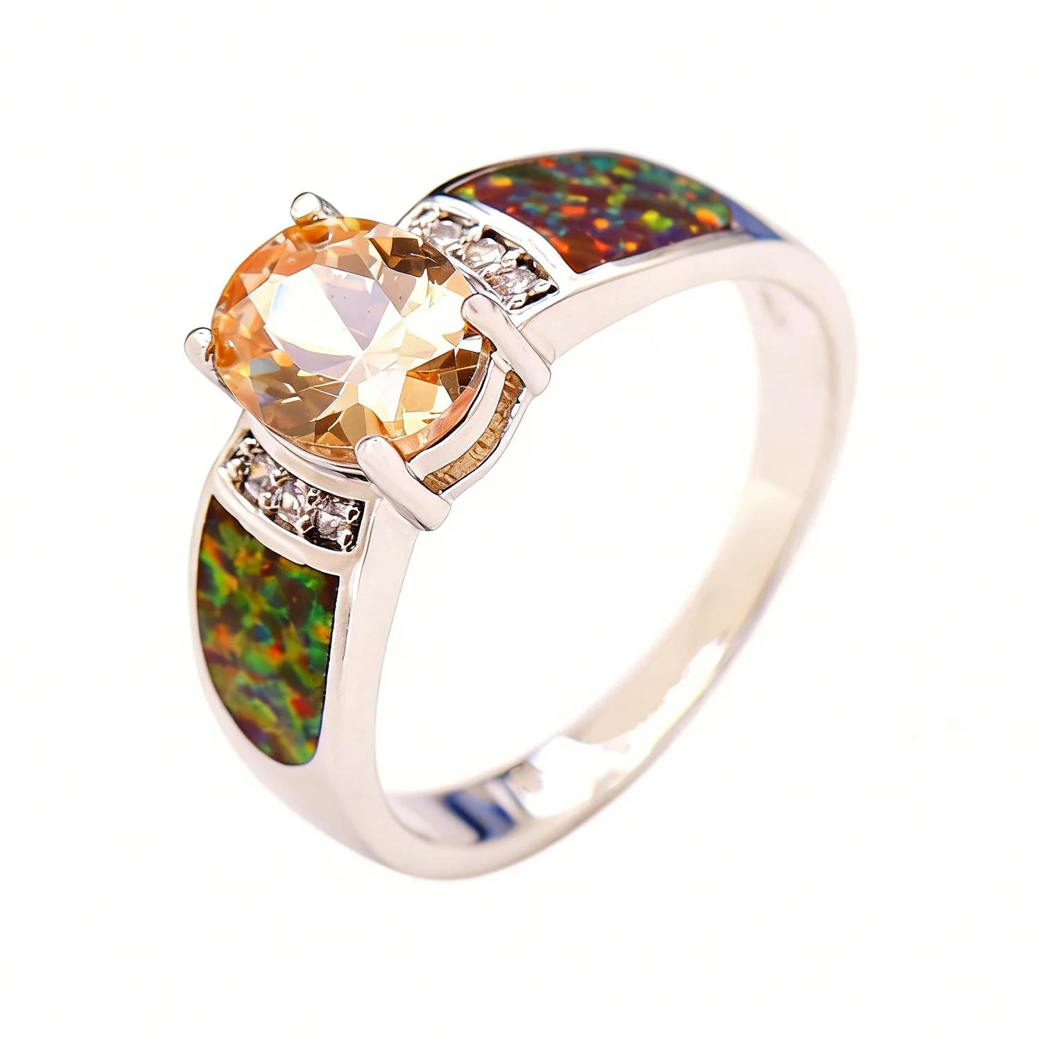 White K Plated Synthetic Fire Opal Colorful Zircon Fashion Jewelry For Women Cocktail Ring Anniversary Gifts for Her