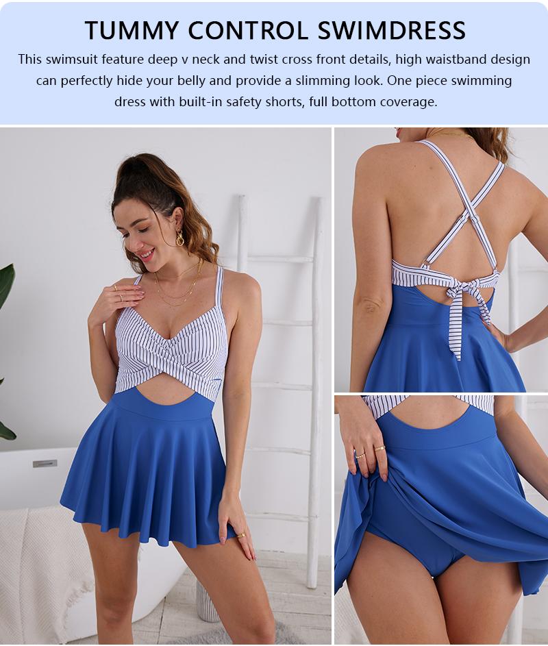 B2prity Women Cutout One Piece Skirt Swimsuit V Neck Wrap Tie Back Swimdress Tummy Control Bathing Suits High Rise Swimwear High Waist Swimwsuit