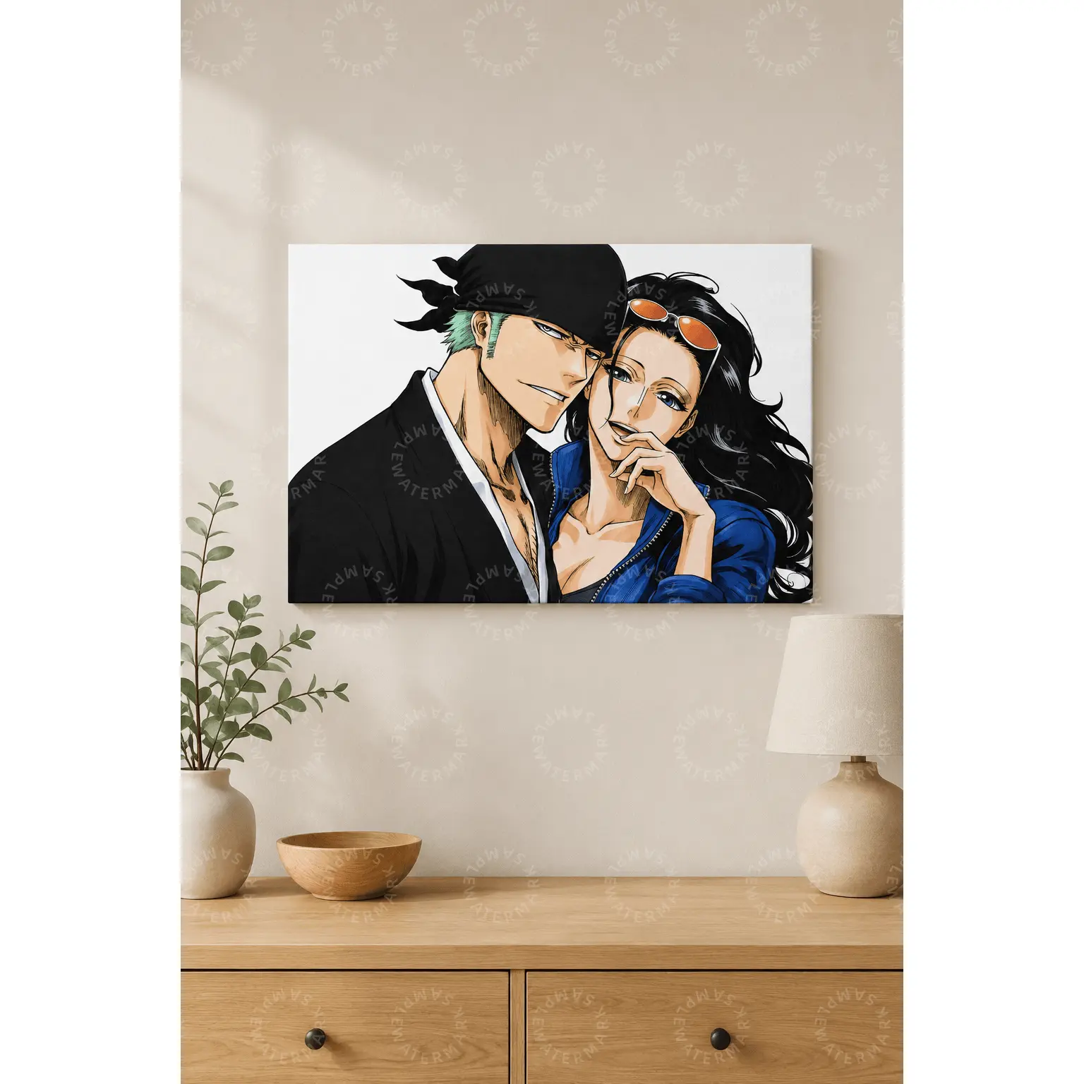 Anime-Inspired Couple Portrait Canvas Art, Green Hair Man and Black Hair Woman Poster, Romantic Character Wall Decor, Aesthetic Bedroom Wall Art, Living Room Decor, Teen Room Decor, Gaming Room Poster, Gift