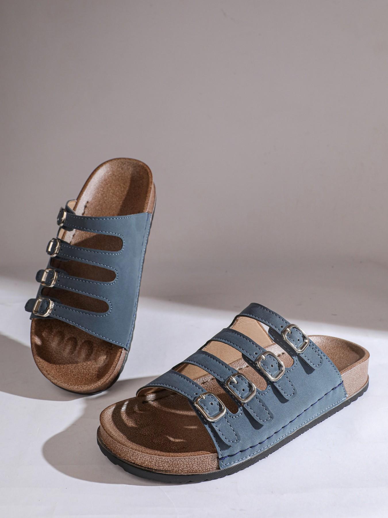 Plus Size Women's 4 Straps Buckle Cork Footbed Slides, Non-slip Open Toe Flat Sandals, Comfortable Summer Casual Shoes for Outdoor, Beach, Walking