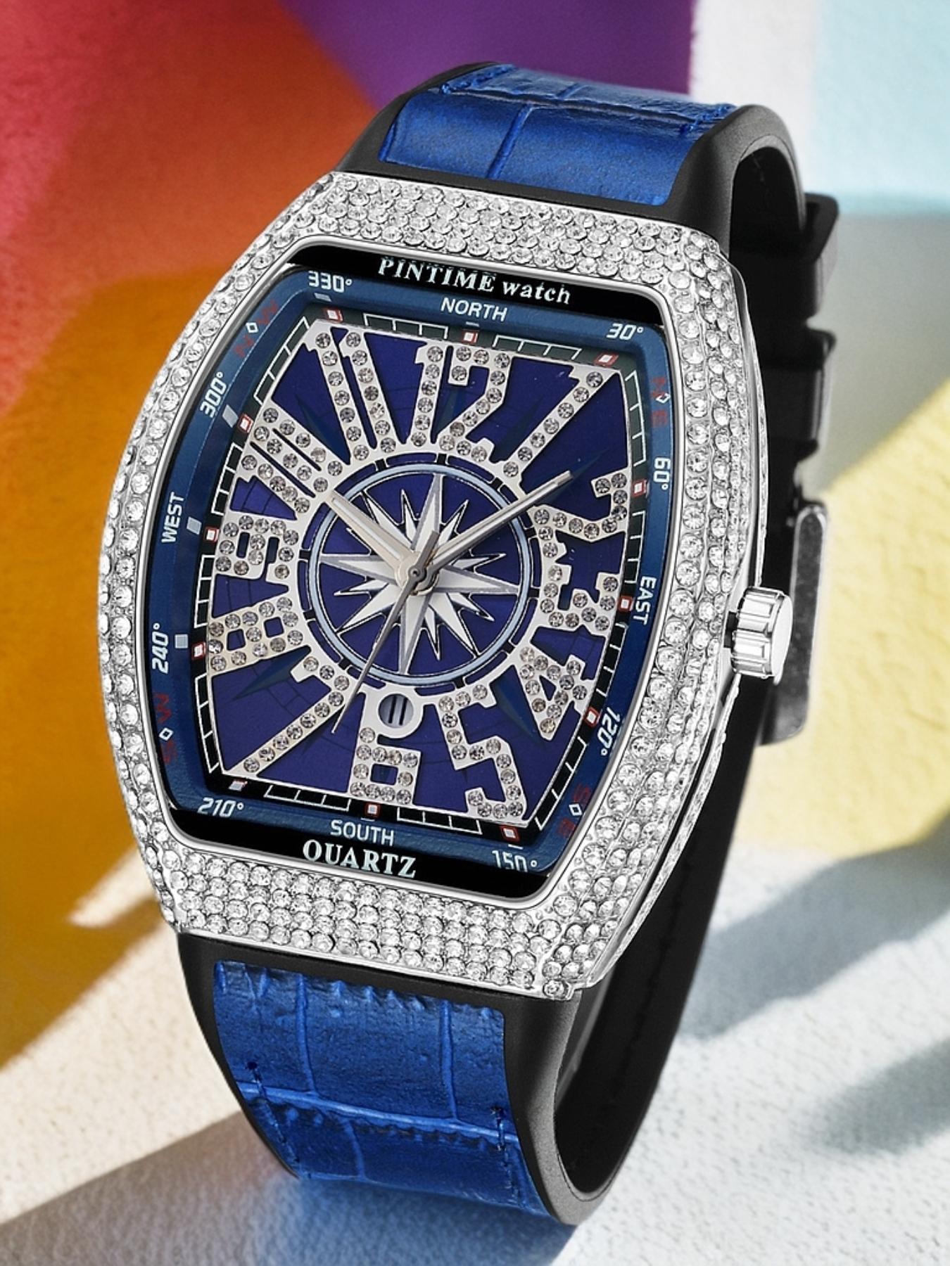 Men's Business Quartz Watch, Barrel Shape Starry Strap, Yacht Diamond Vintage Large Dial, Waterproof Stone Watch, 1pc