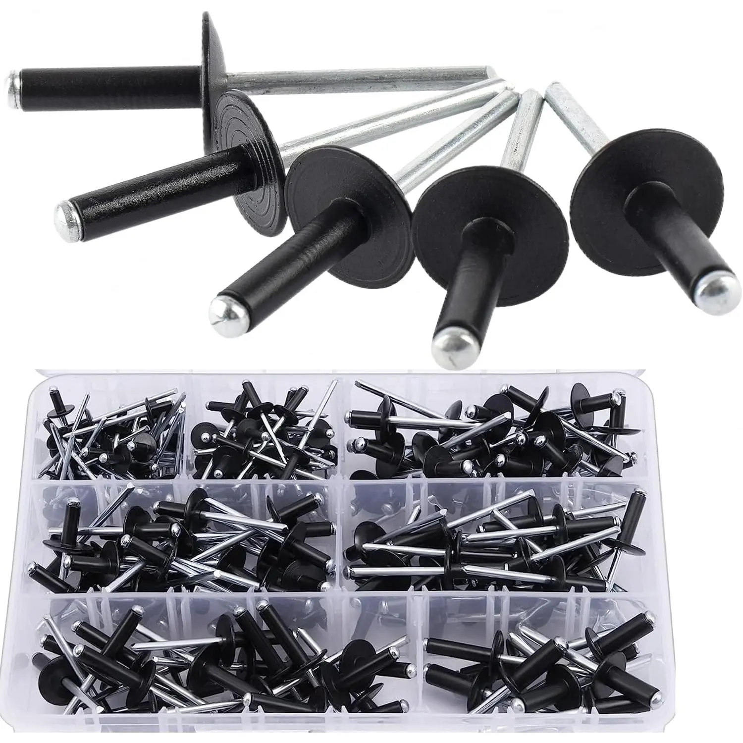 220 count Large Flange  Blind Rivets,Black Rivets Pop Rivets  Kit, 7 Sizes  Rivets (1/8" 5/32"3/16")  Blind Rivets with Case