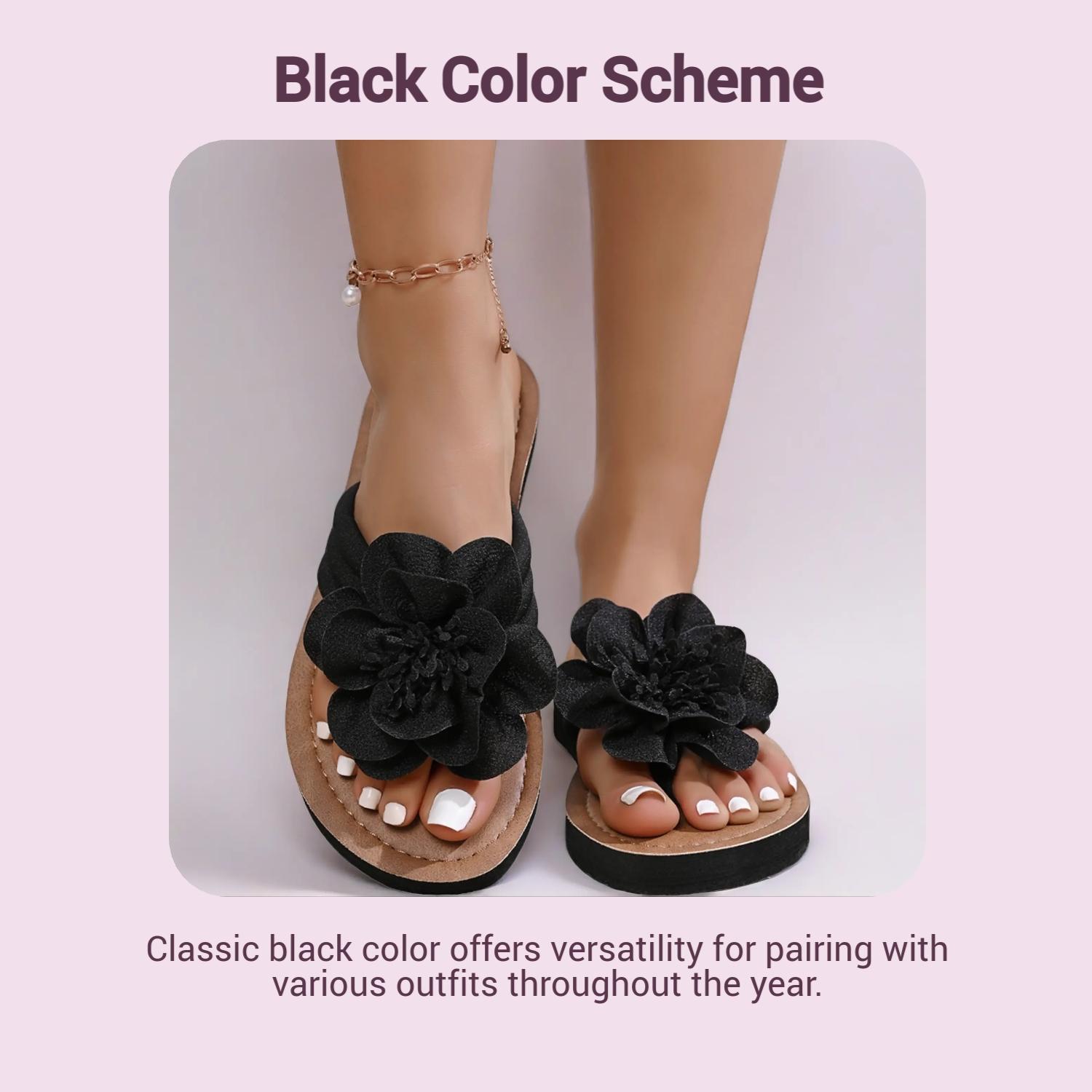 Women's Flower Flip Flops - Black Fabric Thong Sandals with Floral Embellishment