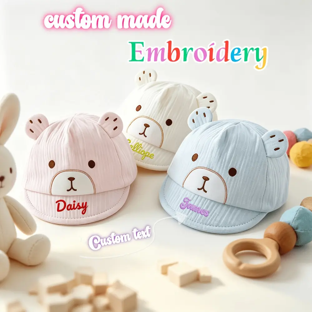 Personalized Custom Thin Spring Summer Baseball Cap, Cute Cartoon Bear Embroidery Design, Customizable Name/Letter Embroidery, Unisex Hat, Breathable Soft Brim Design, Suitable for Outdoor Activities