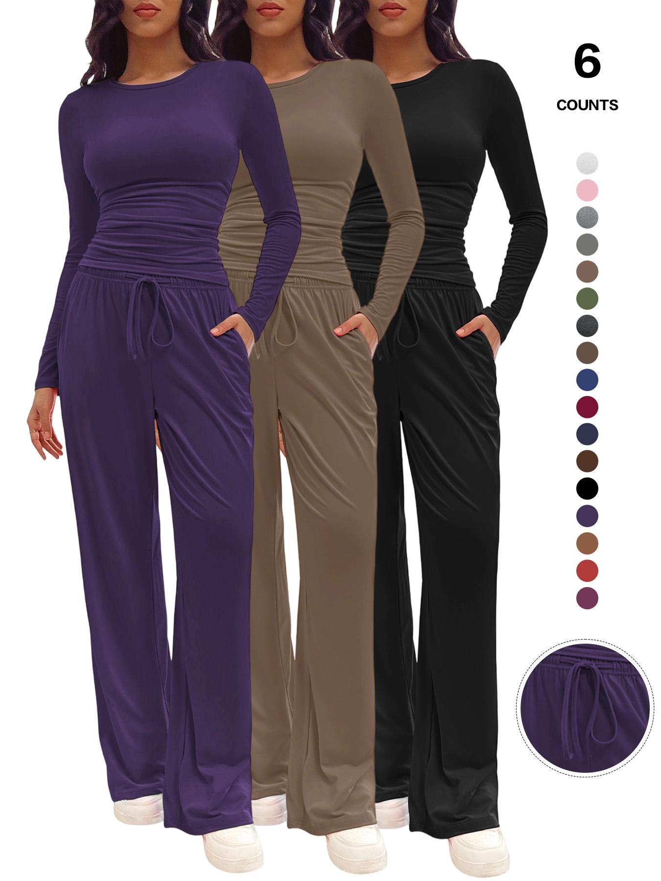 Women's Fitted Two-Piece Loungewear Set, Ruched Tee & Drawstring Pocket Pants with Organic Fabric, Casual Daily Wear