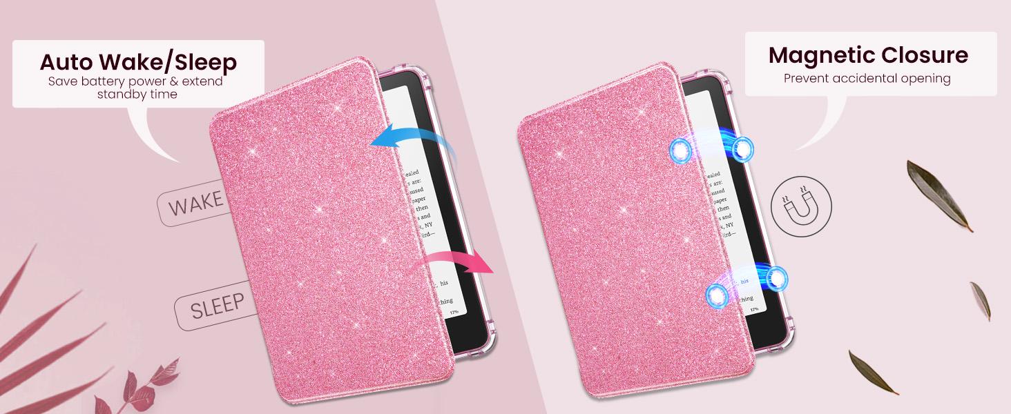 MoKo Case for All-New 7" Kindle Paperwhite 12th Gen 2024 & Kindle Colorsoft 2024/2025,Glitter Clear Kindle Case, Flexible Clear Soft TPU Back Cover Light Shell with Auto Wake/Sleep, Glitter Pink