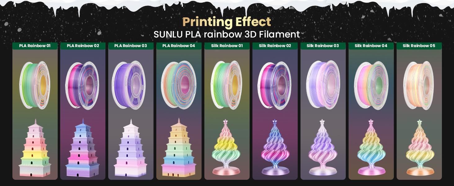 SUNLU Silk Rainbow Filament Silk PLA+ Smooth Color Change Color Change Each 8 Meters Glossy Surface 330 Meters 1kg Silk Rainbow SUNLU Silk Rainbow Filament Silk PLA+ Smooth Color Change Color Change Each 8 Meters Glossy Surface 330 Meters 1kg Silk Rainbow