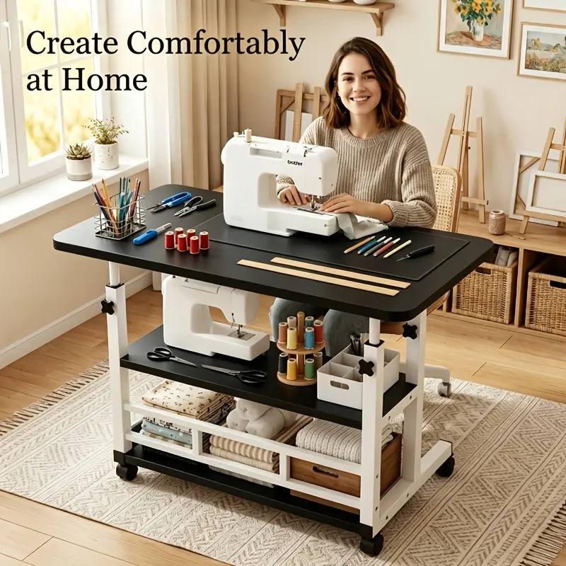 Height Adjustable 3-Tier Mobile Computer Desk, Rolling Laptop Cart with Knob Lifting Design,Utility Carts Lockable Universal Caster Wheels, Metal Frame Space-Saving Portable Workstation for Home Office