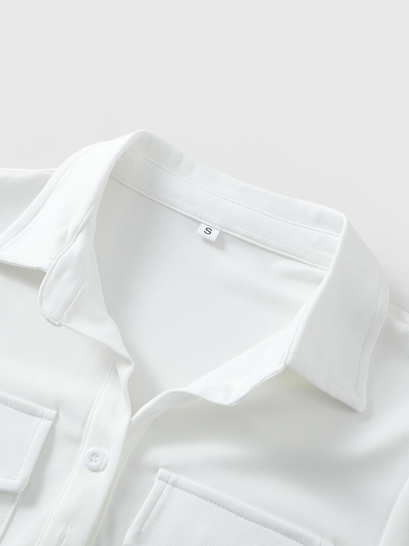 Women's Vintage Fitted Cap Sleeve Button Up Blouse, Solid White Asymmetrical Hem Crop Shirt, Casual Office & Street Outfit