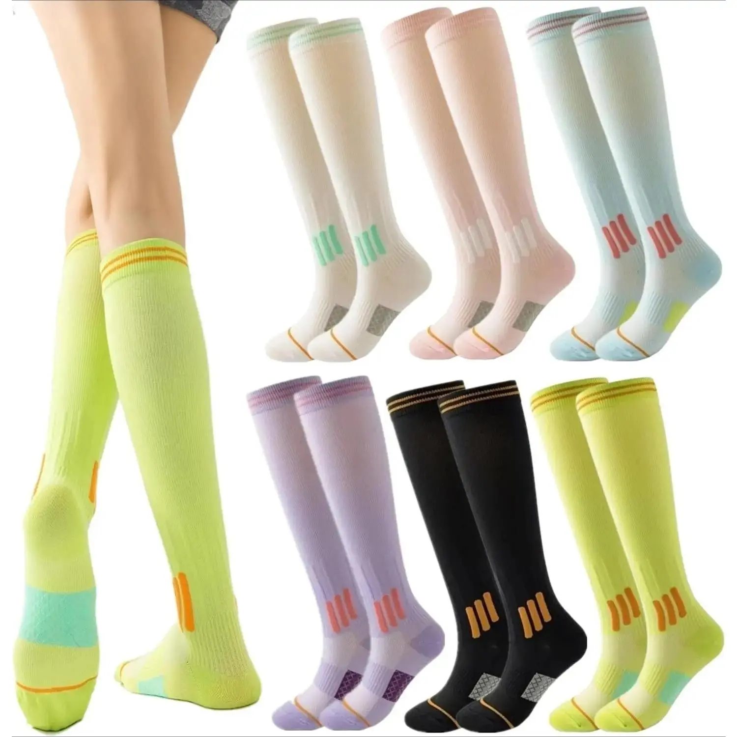Women's 6-Pack High-Performance Knee-High Compression Socks, Calf Support Athletic Socks For Running, Workout And Long-Distance Travel, Breathable Leg Wear For Active Daily Use.sohochic