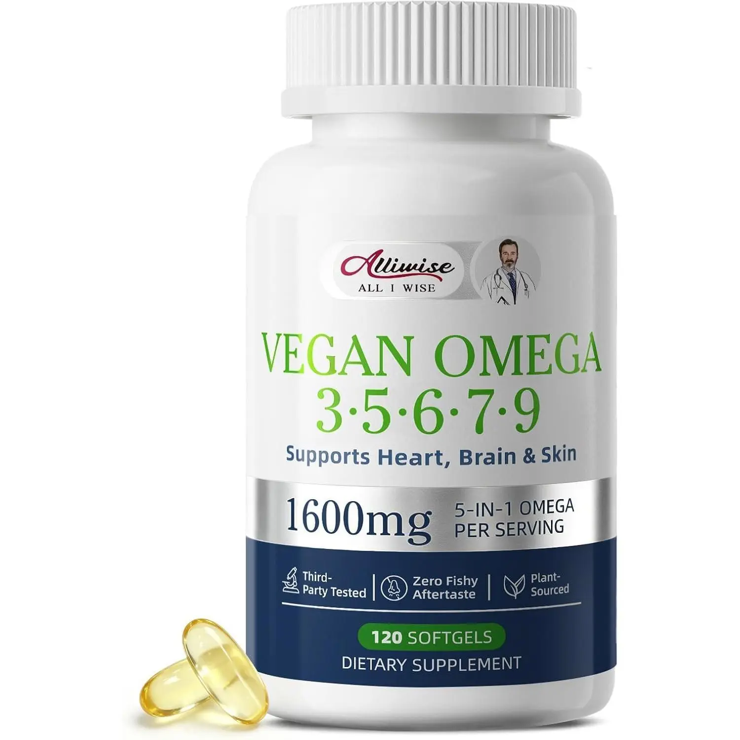 Vegan Omega 3,5,6,7,9 Softgels (1600mg, 120 Count) – Plant-Based DHA EPA Supplement for Women, Flaxseed Seabuckthorn Borage Oil, Heart Brain Health Support, Non-GMO Gluten-Free Fish Oil Alternative