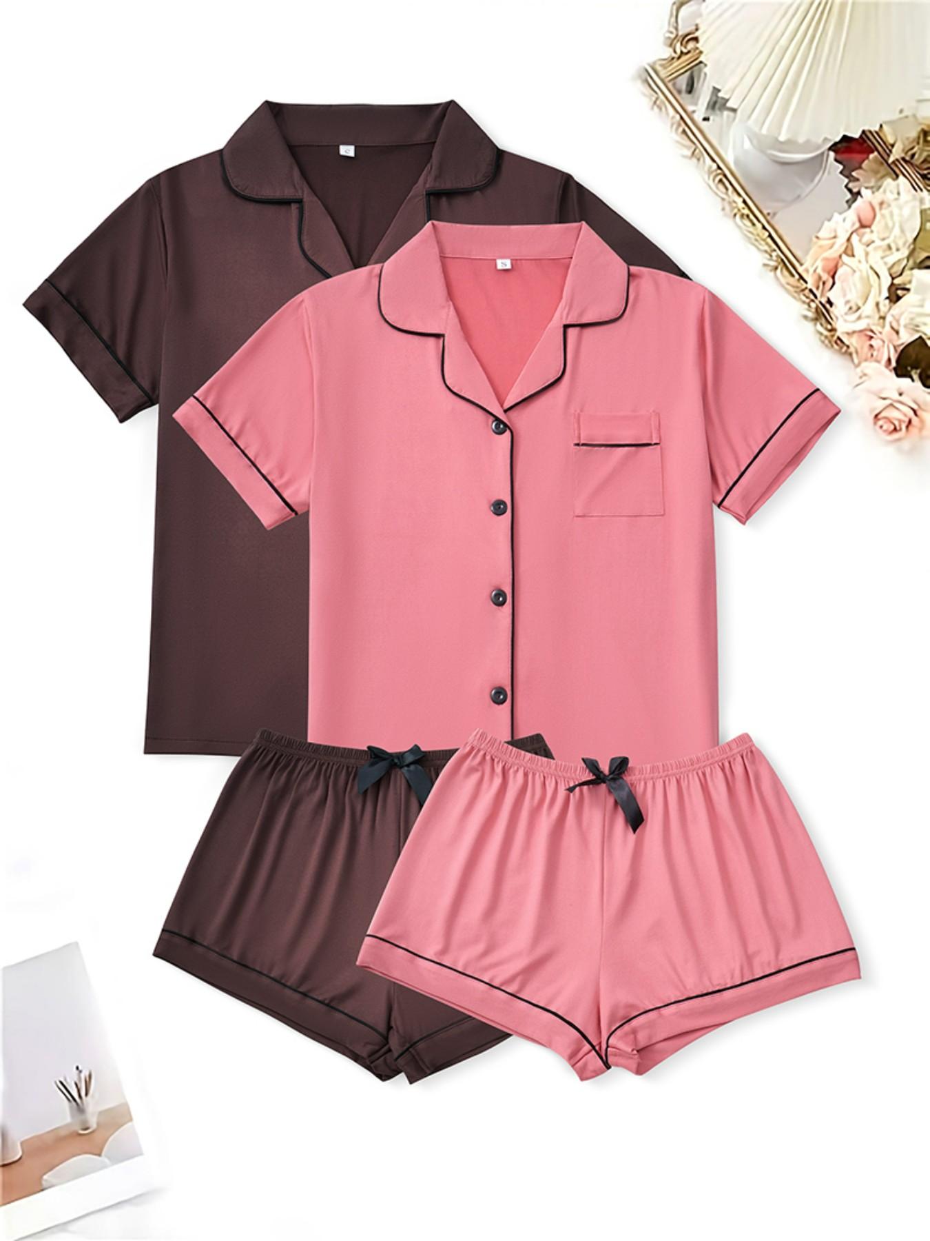 Women's Sleepwear Set Loungewear, Lapel Cardigan & Solid Color Short Sleeve Shorts, Four Seasons Comfortable Home Wear