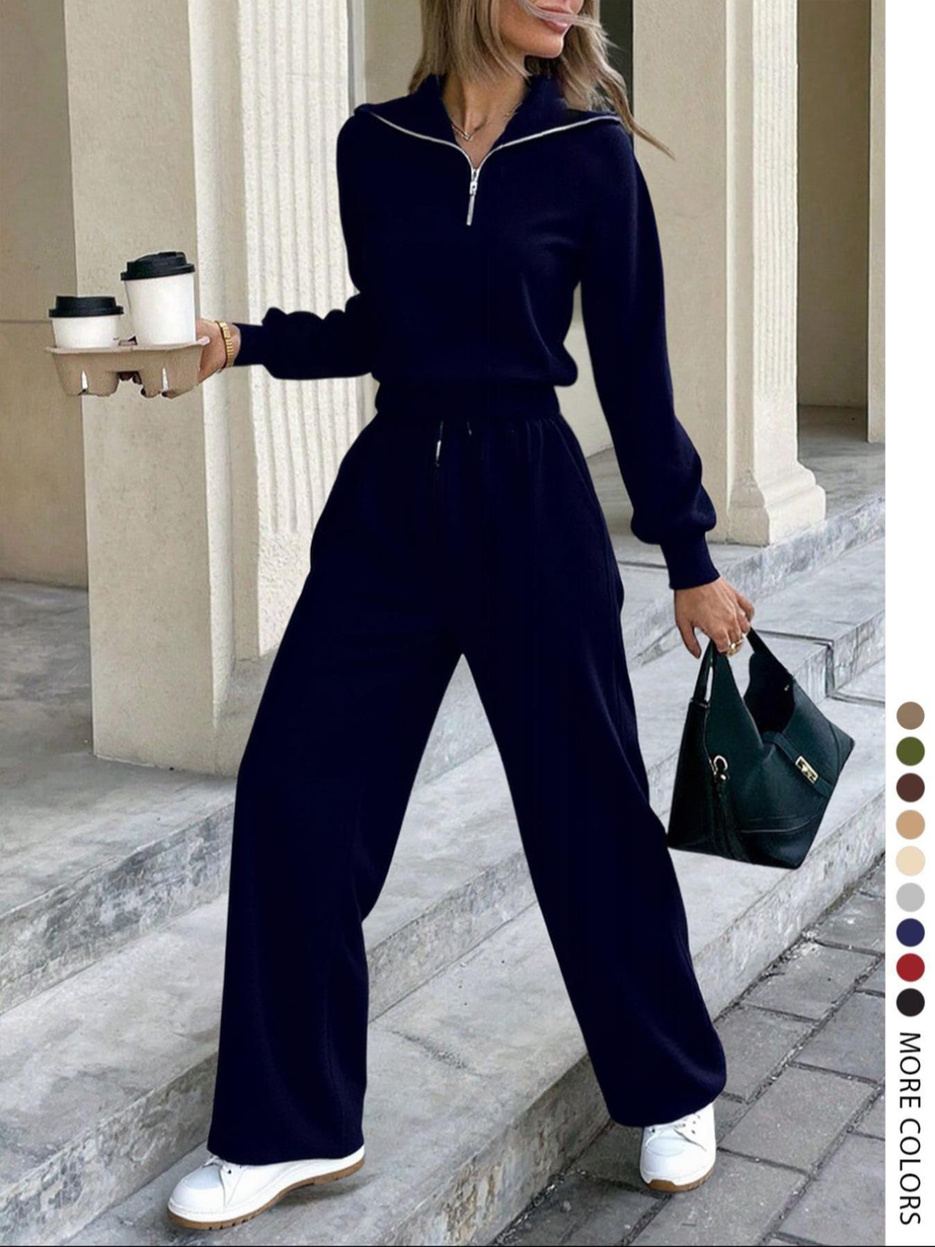 Pure Color Half-Zip Shoulder Pad Sporty Top Long Pants Set, Casual Loose-Fitting Short Upper Long Lower, Perfect for Spring Summer, Sporty Style Clothes, Athleisure Wear Set, Sweatsuit Set