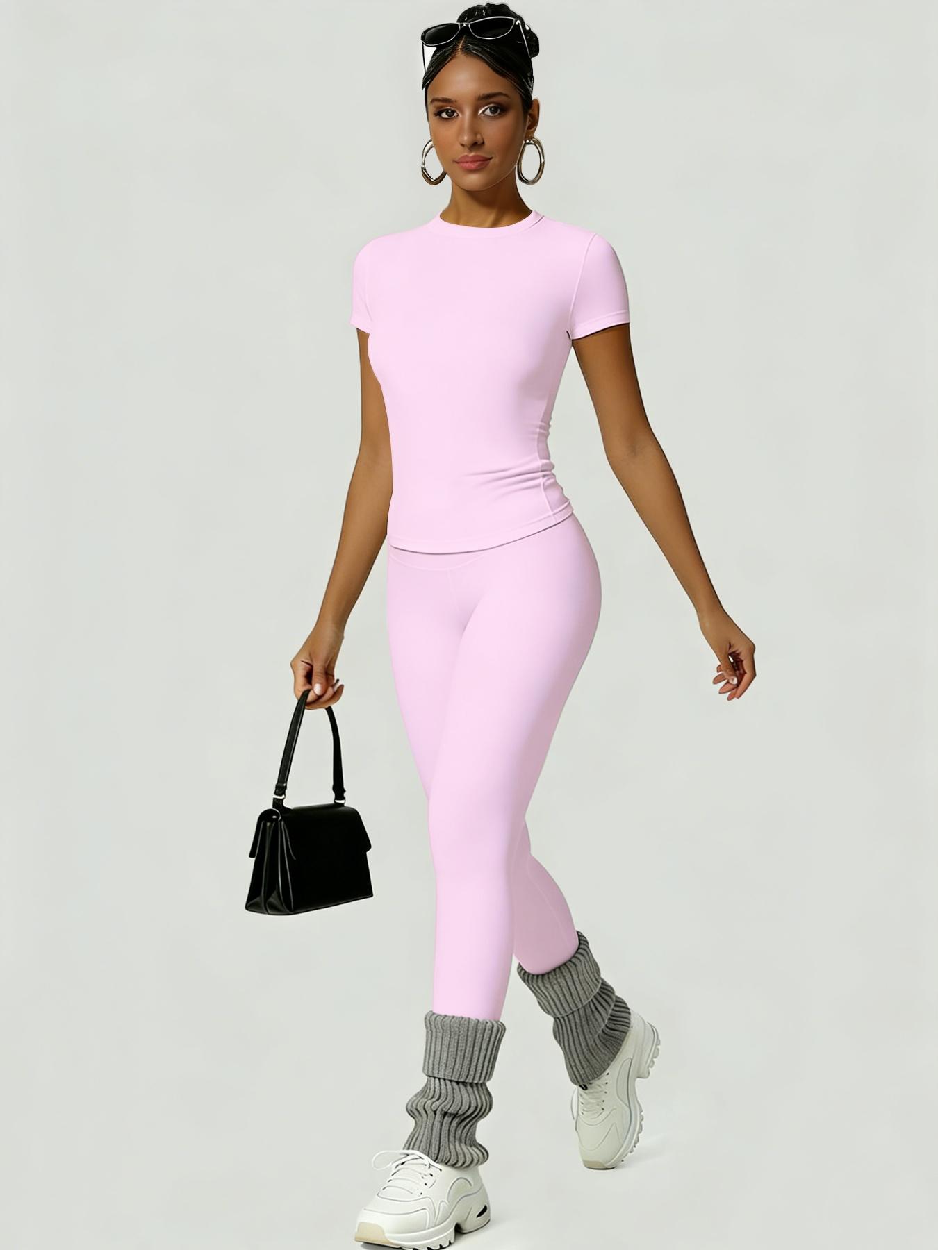 Women's Sporty Slim Fit High-Waisted Yoga Pants & Short Sleeve Round Neck Tee Set, Soft Breathable Activewear for Gym, Running and Outdoor Activities