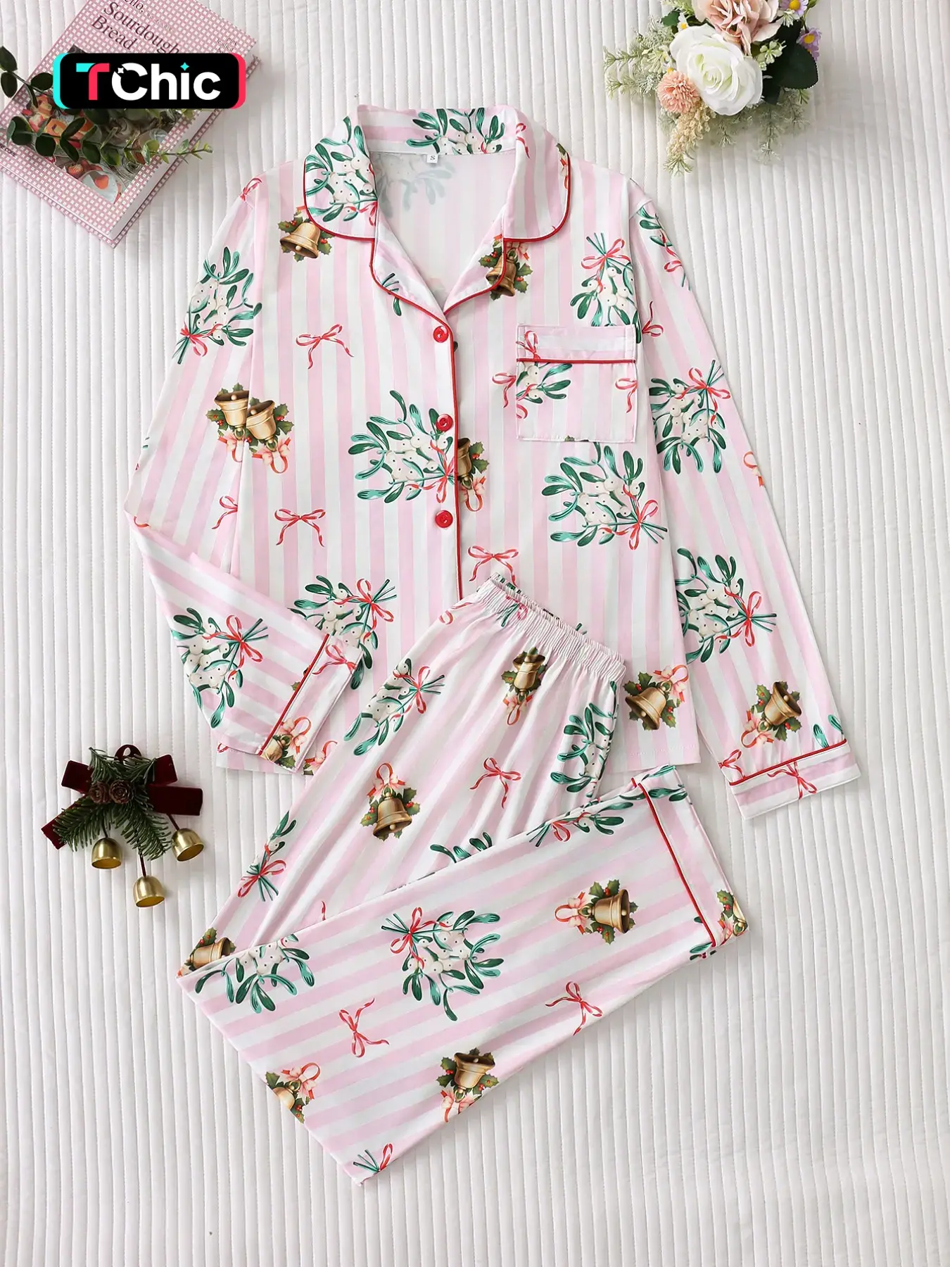 Women's Christmas Bell Print Pajama Set, Long Sleeve Fitted Top, Elastic Waist Pants, Comfortable Holiday Home Wear, Two-Piece Set