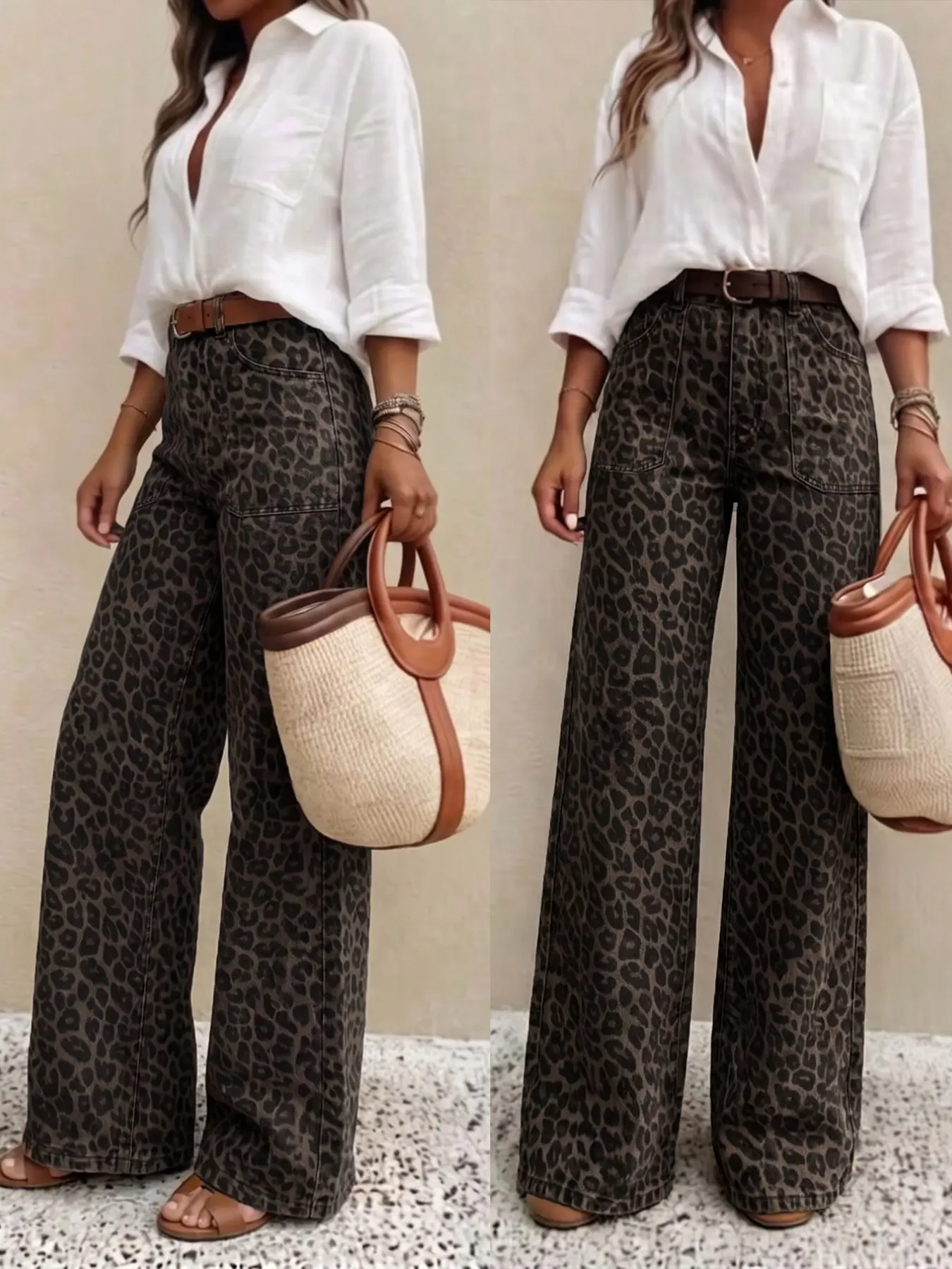 Vintage Washed Wide Leg Leopard Print Jeans, Pants, Trendy Mob Wife Style, Perfect for Weekend Parties and Street Photography