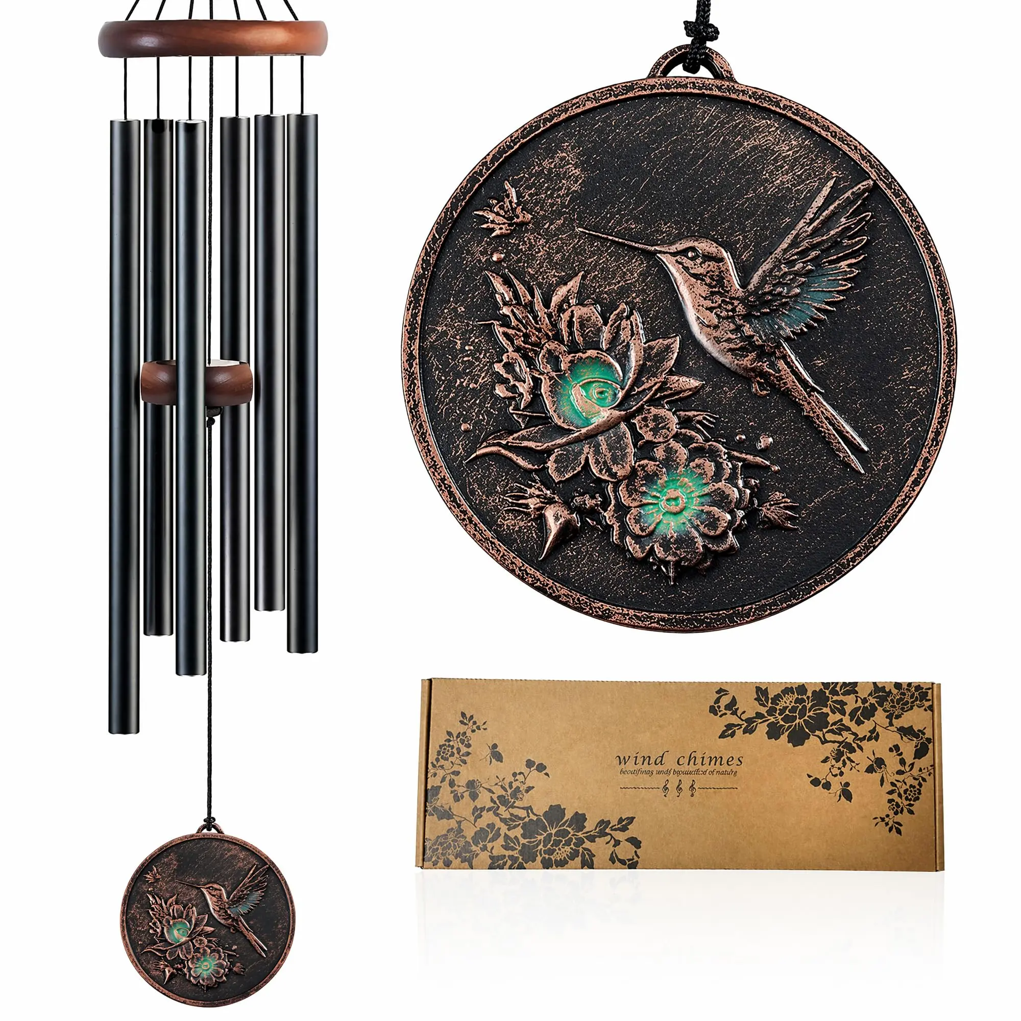 32-Inch Large Calming Tone Outdoor Aluminum Wind Chime, Vintage Design with Hummingbird & Tree of Life Pendants, Mute Switch, Memorial Gift for Garden Decor Home Improvement