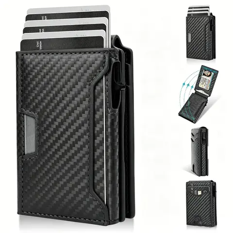 Men's Minimalist Slim Carbon Fiber RFID Blocking Bifold Wallet - Minimalist Card Holder, 9-13 Slots, RFID Theft Proof, Secure Slim Storage, Leather Pop Up Case, Money Clip, ID Window, Everyday Carry, Birthday Gifts for Him