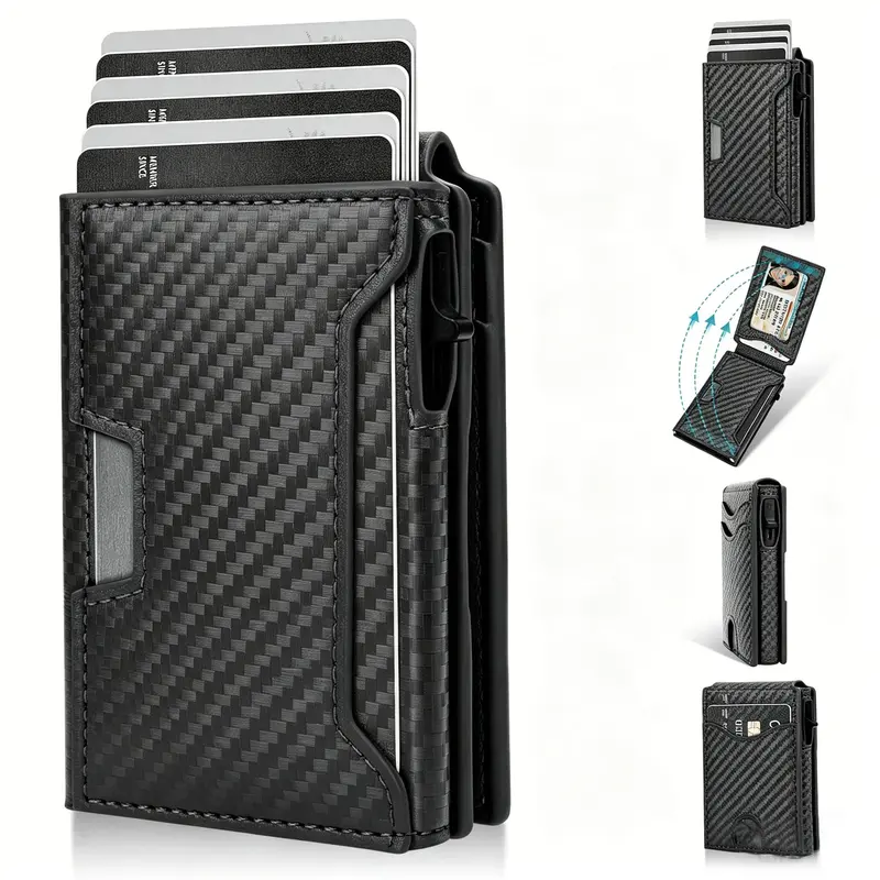 Men's Minimalist Slim Carbon Fiber RFID Blocking Bifold Wallet - Minimalist Card Holder, 9-13 Slots, RFID Theft Proof, Secure Slim Storage, Leather Pop Up Case, Money Clip, ID Window, Everyday Carry, Birthday Gifts for Him