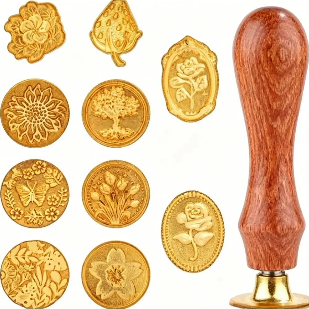 Reusable Handheld Vintage Floral Wax Seal Stamp Kit with 10 Detachable Heads, 1 Wooden Handle, Scrapbook Accessories for Wedding, Gift Wrapping Embellishment (Vintage Floral Art Design), Reusability